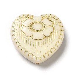 Honeyhandy Plating Acrylic Beads, Golden Metal Enlaced, Heart with Flower Pattern, Old Lace, 17x18x6mm, Hole: 1.6mm