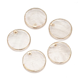 Honeyhandy Natural Capiz Shell Pendants, Brass Edge Plated, Flat Round, Light Gold, 25x1~1.5mm, Hole: 1.2mm