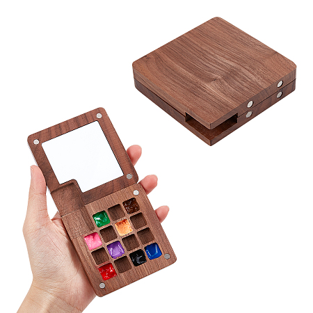 NBEADS 15 Grids Wood Watercolor Paints Palette Box, 2.95 x 2.99 x 0.7 Inch Portable Sketchbook Palette Travel Paint Tray with Mixing Area for Art Painting Paints Storage Container
