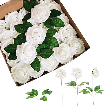 GORGECRAFT 25Pcs Artificial Flowers Real Looking Fake Roses Artificial Foam White Roses with Plastic Stems and Green Leaves for Wedding Bouquets Centerpieces Bridal Shower Flower Decorations