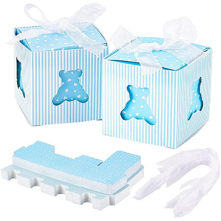 Pandahall Elite 60 Sets Paper Gift Box with Ribbon, Baby Shower Candy Boxes Bear Pattern Folding Boxes Blue Party Table Decor Birthday Party Gift Favor for Birthday Wedding Party (2.4 x 2.4 x 2.4 Inch)