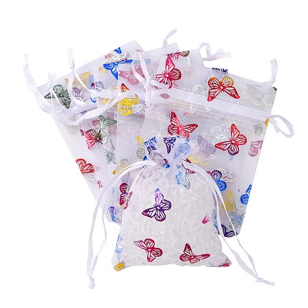 Honeyhandy Rectangle Printed Organza Drawstring Bags, Colorful Butterfly Pattern, White, 12x9cm