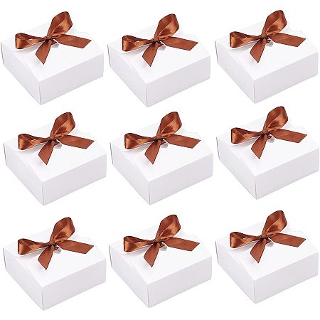 BENECREAT 10 Pack White Square Kraft Paper Box Creative Wedding Favour Boxes Cupcake Boxes 4.7x4.7x2 inch with Cord for Halloween, Christmas Party, Gift and Wedding Decoration
