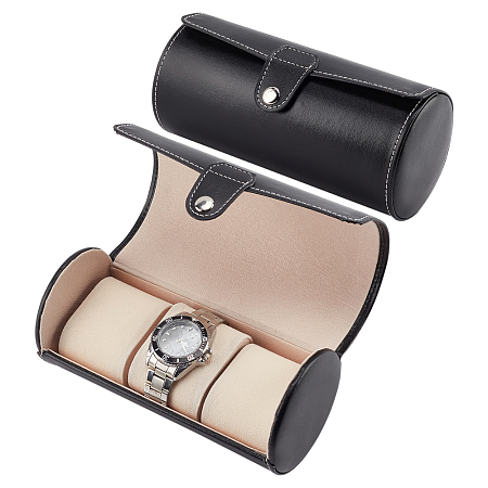 PandaHall Elite Column PU Leather Watch Boxes, Wristwatch Organizer Storage Case with Pillow, Black, 19.5x9.4cm, Inner Diameter: 18.1x7.8cm
