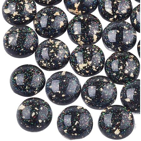 Arricraft 200pcs 12mm Resin Cabochons Black Cabochons with Glitter Powder and Gold Foil Flat Half Round Dome Tile for Jewelry Making