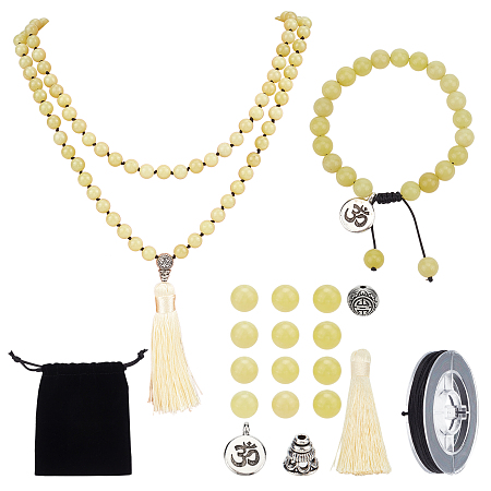 SUNNYCLUE DIY Jewelry Making Kits, Including Natural Lemon Jade Beads, Polyester Tassel Pendant Decorations, Alloy Pendants and Nylon Thread, 8mm, Hole: 1mm, 140pcs/set