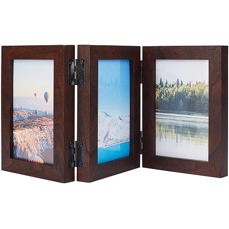 BENECREAT 8.2x6.4 Wood Hinged Picture Frames Brown 3 Vertical Openings Frames with Glass Front for Bedroom, Living Room and Office Desktop Decoration Display