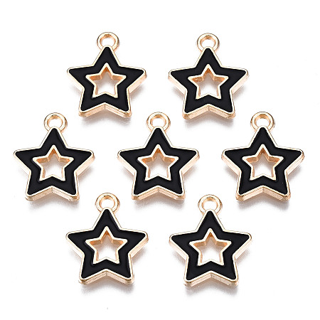 Honeyhandy Alloy Enamel Pendants, Star, Light Gold, Black, 16x14x2mm, Hole: 1.6mm