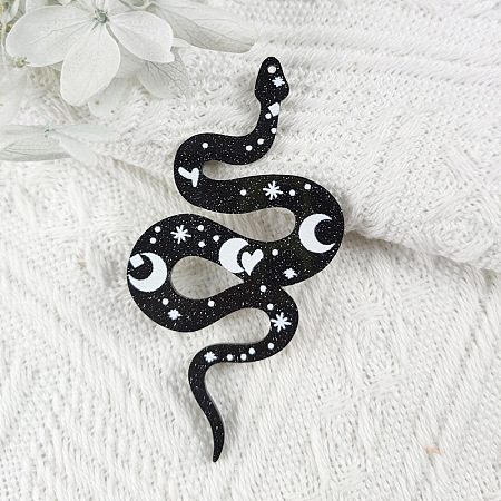 Honeyhandy Printed Acrylic Big Pendants, Snake with Moon Pattern Charm, Black, 69x37mm