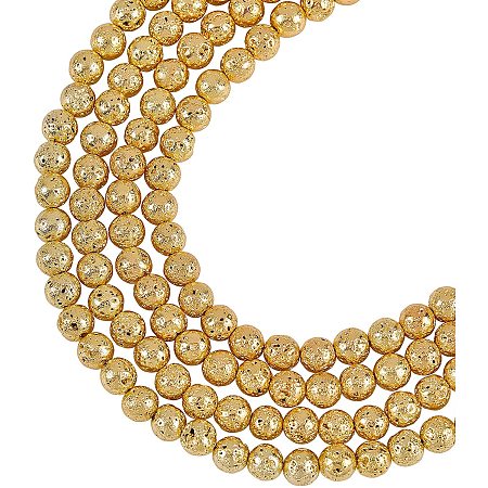 Arricraft About 188 Pcs 8mm Golden Plated Nature Stone Beads, Electroplated Nature Lava Round Beads, Gemstone Loose Beads for Bracelet Necklace Jewelry Making (Hole: 1mm)