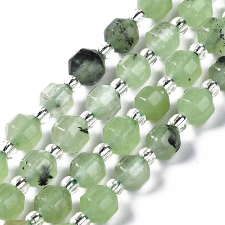Arricraft Natural Prehnite Beads Strands, with Seed Beads, Faceted, Polygon, 6x6mm, Hole: 1.2mm, about 47~48pcs/strand, 14.84 inch~14.96 inch(37.7cm~38cm)