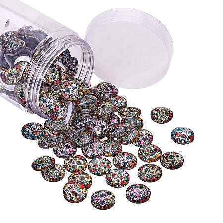 PandaHall Elite 140pcs Skull Glass Cabochons, 18mm Skull Printed Glass Flat Back Dome Cabochons for Halloween Bracelet Pendant Necklace Cufflinks Rings Jewelry Making
