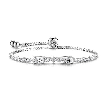 SHEGRACE 925 Sterling Silver Bracelets, with Grade AAAA Cubic Zirconia, Bowknot, Clear, Platinum, 7-7/8 inch(20cm)