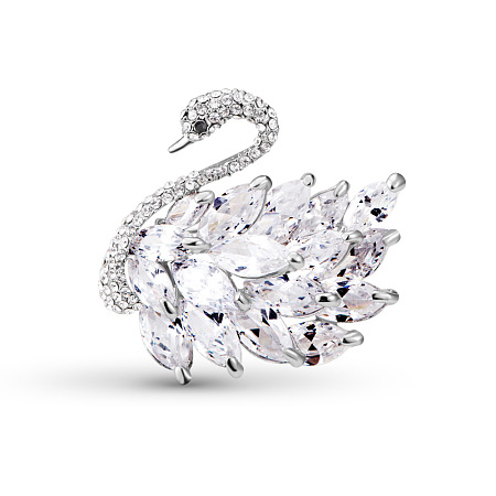 SHEGRACE Trendy Platinum Plated Alloy Safety Brooch, Micro Pave AAA Cubic Zirconia Swan, Clear, 44mm