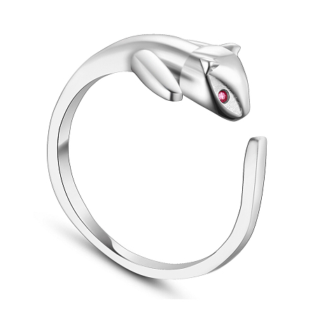 SHEGRACE Cute Cat 925 Sterling Silver Cuff Rings, Open Rings, with Red AAA Cubic Zirconia, Silver, 17mm