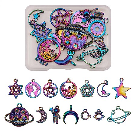 14 Pcs Rainbow Space Theme 316L Surgical Stainless Steel Charms & Pendants, Mixed Shape, Multi-color, 17~24x11~32mm