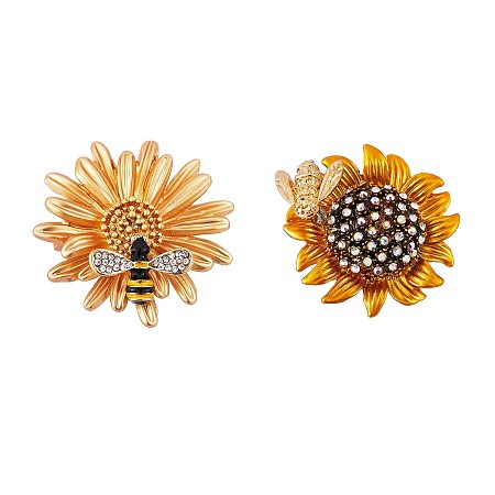 Honeyhandy 2Pcs 2 Style Sunflower and Bee Clear Cubic Zirconia Badges Pins with Enamel, Alloy Brooches for Backpack Clothes, Golden, Yellow, 30mm, 38mm, 1Pc/style