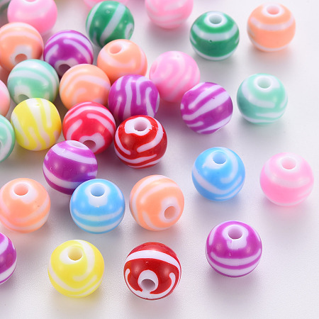 Arricraft Opaque Striped Acrylic Beads, Round, Mixed Color, 11.5x10.5mm, Hole: 2.5mm, about 549pcs/500g