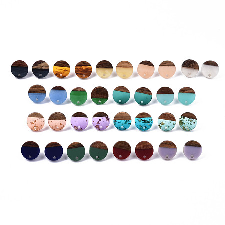ARRICRAFT Resin & Walnut Wood Stud Earring Findings, with 304 Stainless Steel Pin, Flat Round, Mix Style, Mixed Color, 14mm, Hole: 1.8mm, Pin: 0.7mm