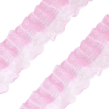FINGERINSPIRE 20 Yards/18m 2-Layer Pink Pleated Organza Lace Ribbon Gathered Mesh Chiffon Fabric Lace Applique Tulle Trimming for Craft Sewing Dress DIY Handmade Decoration