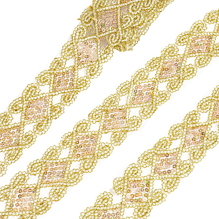 PandaHall Elite Rhombus Pattern Polyester Ribbon, Lace Ribbons, with Plastic Sequins, Gold, 37258 inch(65mm), 10 yards/pc