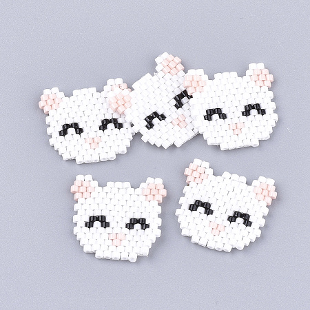 Arricraft Handmade Kitten Japanese Seed Beads, Loom Pattern, Cat Head, White, 18.5~19x20x2mm