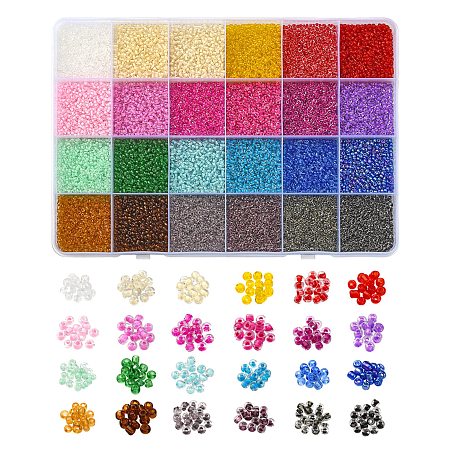 19200Pcs 24 Colors 12/0 Glass Seed Beads, Transparent, Round, Mixed Color, 2mm, Hole: 1mm, about 800Pcs/color
