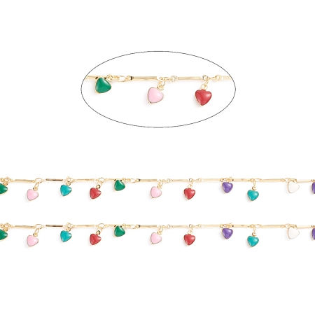 Arricraft Brass Bar Link Chains, with Heart Enamel Charms, Soldered, with Spool, Long-Lasting Plated, Random Enamel Color, Real 18K Gold Plated, 12.5x2x1mm