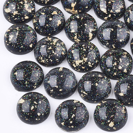 Honeyhandy Resin Cabochons, with Glitter Powder and Gold Foil, Half Round, Black, 12x5.5mm
