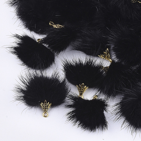 Honeyhandy Faux Mink Fur Tassel Pendant Decorations, with Alloy Findings, Antique Golden, Black, 20~30x28~30mm, Hole: 1.8mm