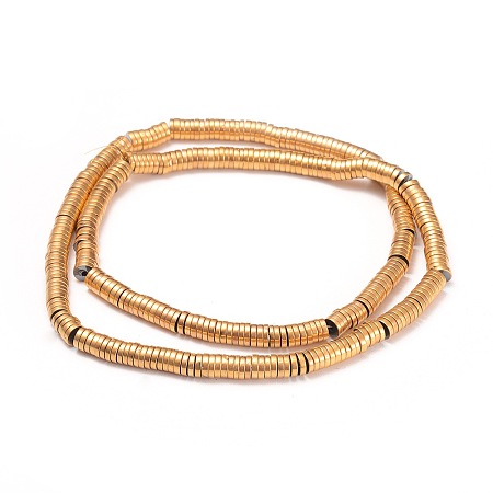 Honeyhandy Electroplate Non-magnetic Synthetic Hematite Beads Strands, Long-Lasting Plated, Heishi Beads, Flat Round/Disc, Golden Plated, 4~4.5x0.8~1.1mm, Hole: 1mm, about 370pcs/strand, 15.7 inch(40cm)