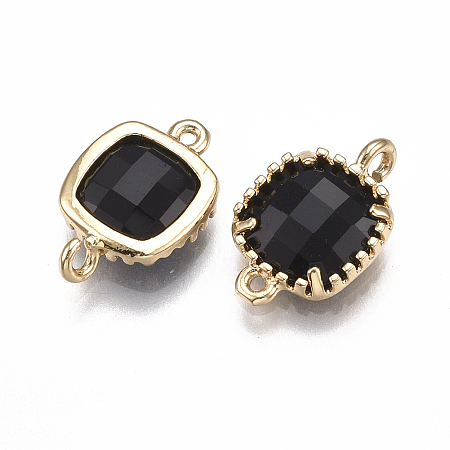 Honeyhandy Glass Links connectors, with Brass Findings, Faceted, Square, Golden, Black, 14.5x9.5x3.5mm, Hole: 0.8~1.2mm