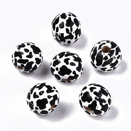 Honeyhandy Printed Natural Wooden Beads, Round with Cow Pattern, Black, 10x9mm, Hole: 2.5mm