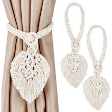 GORGECRAFT 2Pcs Boho Cotton Curtain Holdbacks Handmade Tiebacks Farmhouse Hand Knitting Tie Back Holder by Hand-Woven Cotton Rope with Adjustable Natural Wood Beads for Home Office Decorative Rope