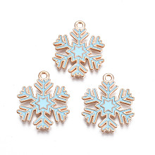 Honeyhandy Christmas Style Alloy Enamel Pendants, Cadmium Free & Lead Free, Light Gold, Snowflake, Light Sky Blue, 22x18x1.5mm, Hole: 1.8mm