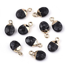 Honeyhandy Natural Labradorite Charms, Top Light Gold Plated, with Iron Loop, Oval, Faceted, 14~15x8x5mm, Hole: 1.8mm