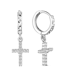 SHEGRACE 925 Sterling Silver Hoop Earrings, with Brass Micro Pave AAA Cubic Zirconia Cross Pendant, Platinum, 28mm, Cross: 13x10cm