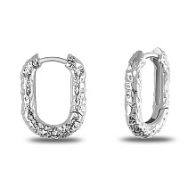 Honeyhandy SHEGRACE Rhodium Plated 925 Sterling Silver Huggie Hoop Earrings, Textured Oval, Platinum, 14x11mm