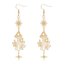 SHEGRACE Alloy Mushroom Dangle Earrings, Sun & Star Long Drop Earrings for Women, Golden, 95x24mm, Pin: 0.8mm