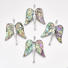 Honeyhandy Abalone Shell/Paua Shell Brooches/Pendants, with Alloy Findings and Resin Bottom, Angel, Platinum, Colorful, 64x54x14mm, Hole: 8x4mm, Pin: 0.6mm