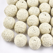 Honeyhandy Handmade Woven Beads, Paper Imitation Raffia Covered with Wood, Round, Antique White, 21~23x20~22mm