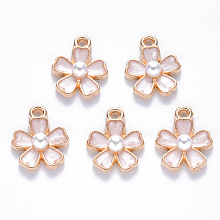 Honeyhandy Alloy Enamel Charms, with ABS Plastic Imitation Pearl, Sakura Flower, Light Gold, Creamy White, 14.5x11.5x4.5mm, Hole: 1.2mm