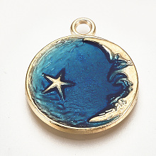 Honeyhandy Alloy Enamel Pendants, Cadmium Free & Lead Free, Flat Round with Moon and Star, Golden, Marine Blue, Golden, 26x21x2.5mm, Hole: 2.5mm