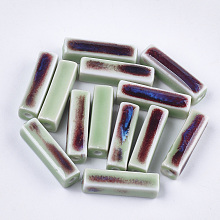 Honeyhandy Handmade Porcelain Beads, Fancy Antique Glazed Porcelain, Cuboid, Medium Aquamarine, 25~29x7~10x7~10mm, Hole: 2.5~3mm