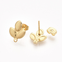 Honeyhandy 304 Stainless Steel Stud Earring Findings, with Loop and Ear Nuts/Earring Backs, Leaf, Golden, 14x11mm, Hole: 1mm, Pin: 0.7mm