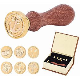 Pandahall Elite Wax Seal Stamp Set- 6 Styles Wax Sealing Stamp Heads Vintage Brass Seal Wax Stamps Feather Knot Cross Anchor Pentagram Arrow with 1pc Wood Handle and Gift Box for Envelope Invitations