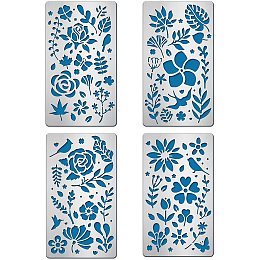 BENECREAT 4PCS 4x7 Inch Flower Pattern Metal Stencils Nature Theme Stencil Template for Wood Carving, Drawings and Woodburning, Engraving and Scrapbooking Project