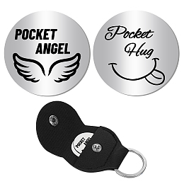 CREATCABIN Pocket Hug Token 2Pcs Double-Sided Coin Pocket Angel Stainless Steel Long Distance Relationship Gift with Leather Keyring Keychain Holder Case Inspirational Keepsake for Friends Women Men