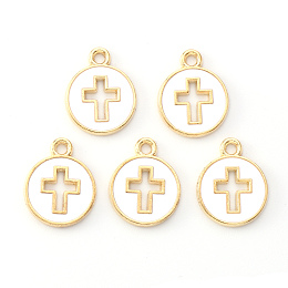 Honeyhandy Light Gold Plated Alloy Enamel Pendants, Flat Round with Cross, White, 15x12x1.5mm, Hole: 1.6mm