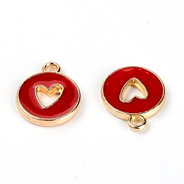 Honeyhandy Zinc Alloy Enamel Charms, Flat Round with Hollow Heart, Light Gold, Red, 14x12x2mm, Hole: 1.5mm